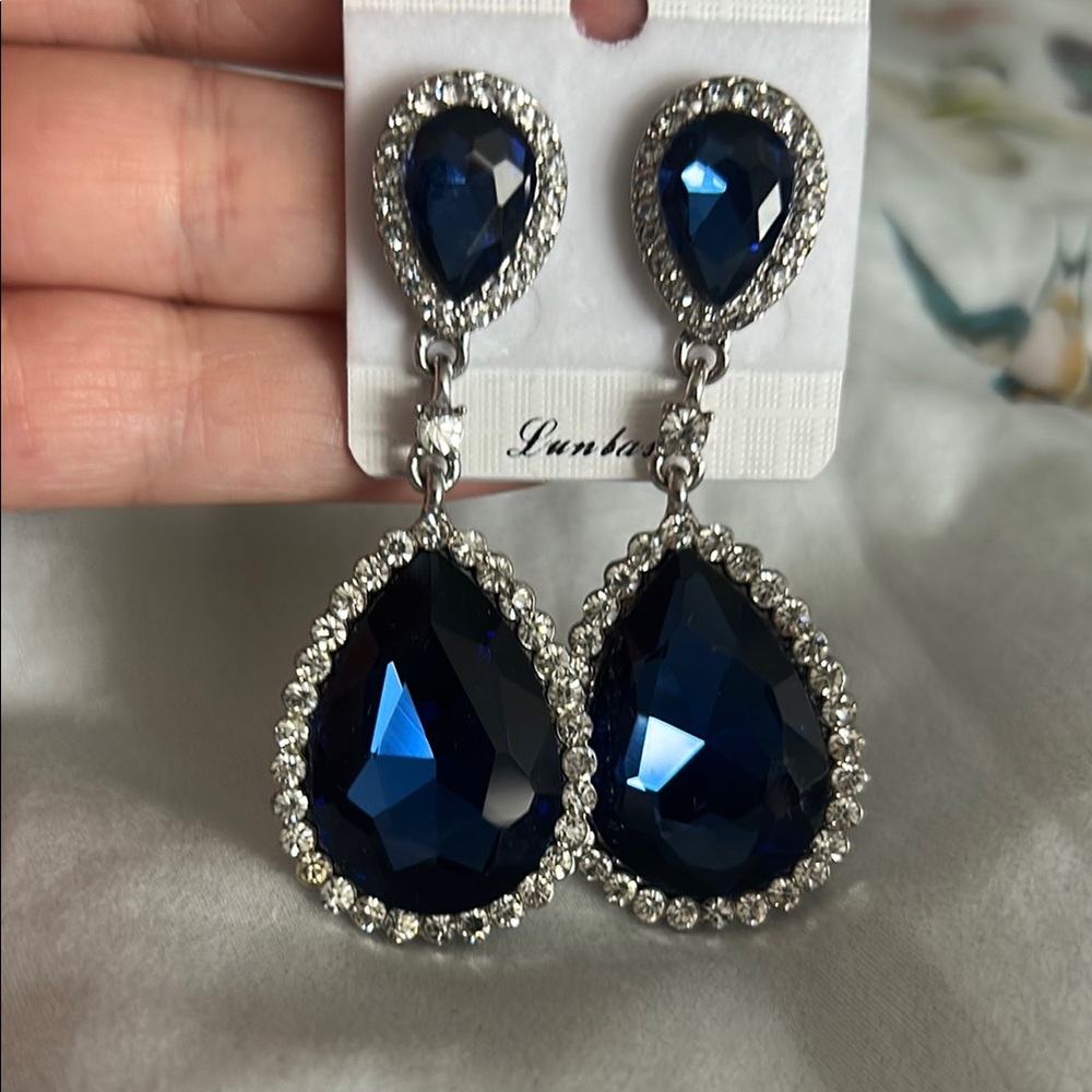 Sapphire Blue and Silver Teardrop Earrings with Rhinestone Accents